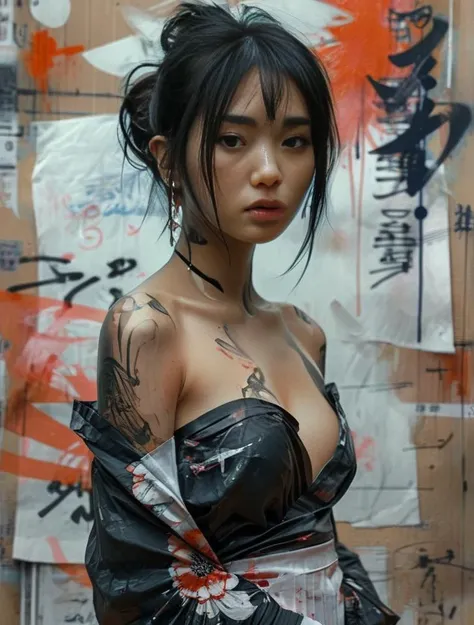 front view, aesthetic, painterly style, modern ink, beautiful Asian girl, sensual, sultry, pleated skirt, sexy outfit, lots of leg and cleavage, sad face, expressive pose, urbanpunk, abstract texture multilayer background, neo-expressionist , Russ Mills, I...