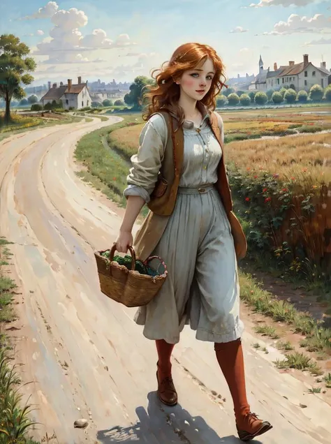 detailed background, HD, Highres, best quality, masterpiece,  
blaas painting,
modern redhead girl with freckles, timeglass shape, walking in countryside with a basket, casual city suit
in summer
<lora:blaas_painting>