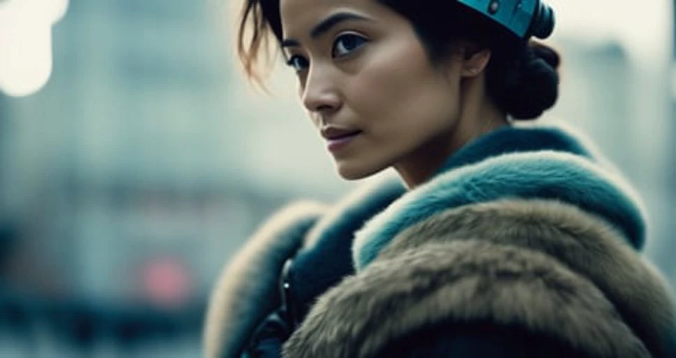 a woman in a fur coat and a blue hat looks at the camera