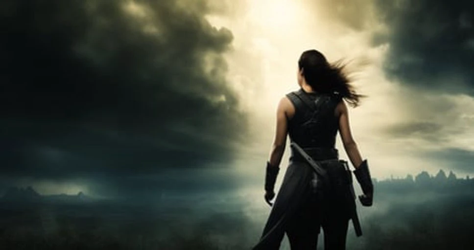 a woman in a black outfit holding a sword and looking at a sky