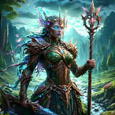 a woman in a forest with a spear and a staff