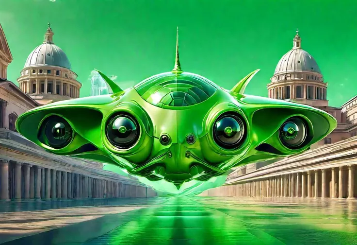 green alien with big black eyes, in aerodynamic starship with classic roman architecture elements, biopunk style builgings on background