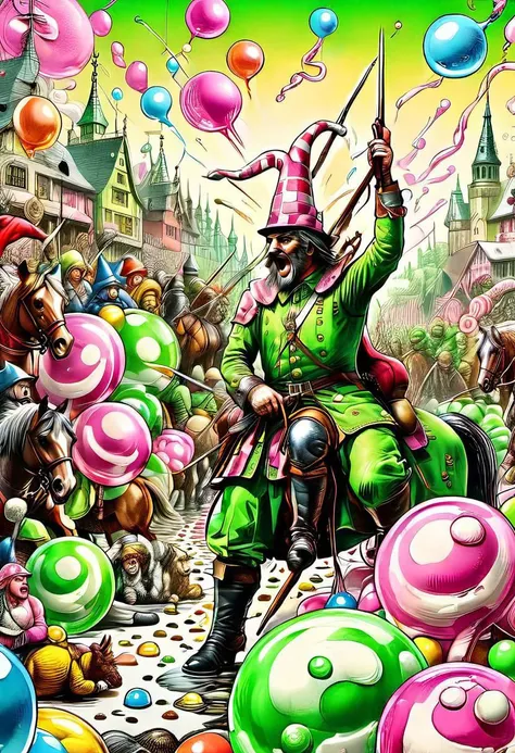 ink art, line art, an army of colorful gumdrop soldiers, storybook illustration, battlefield with a Masonic black and white checkered ground, warriors wielding candy cane spears, inebriated horses, Todd Schorr, Hieronymus Bosch, epic battle scene, 16k, UHD...