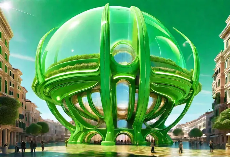 green floating spherical [classic roman architecture style with arcs|aerodynamic ] starship, detailed, masterpiece