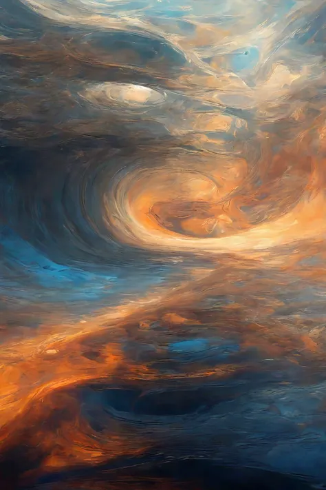 painting of a swirl of clouds and water with a blue sky