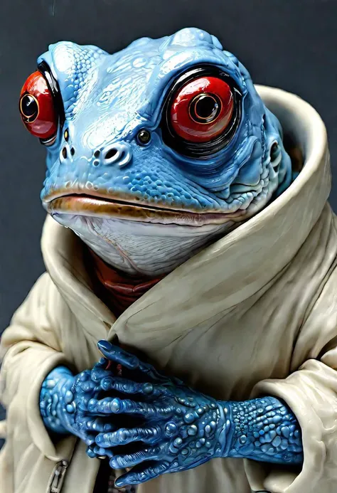 a close up of a frog dressed in a costume with a hood