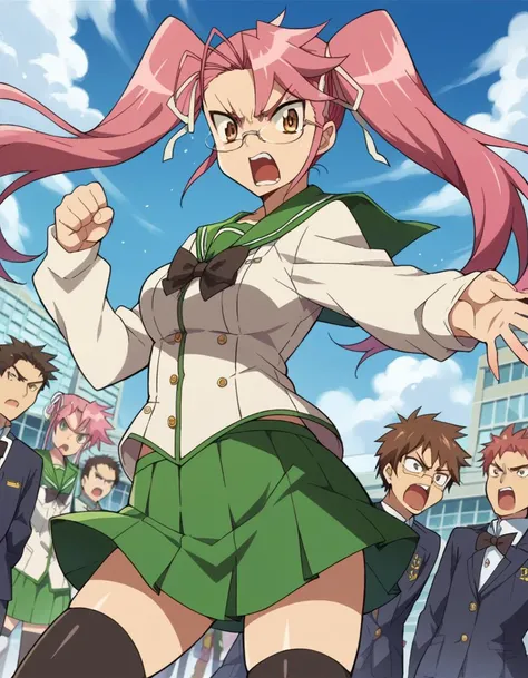 score_9, score_8_up, score_7_up, source_anime,
sayatakagi, <lora:saya-takagi-ponyxl-lora-nochekaiser:1>,
saya takagi, long hair, ribbon, twintails, brown eyes, hair ribbon, pink hair, glasses, angry, shouting,
skirt, thighhighs, school uniform, serafuku, z...