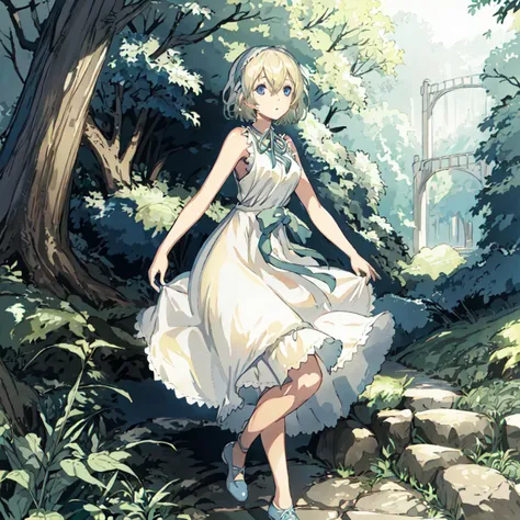 <lora:Yonah_Nier-10:1>outdoor,forest,Masterpeace,high quality,Yonah_Nier, 1girl, solo,short hair, blonde hair, dress, ribbon,shoes, sleeveless, white dress, sleeveless dress,blue eyes