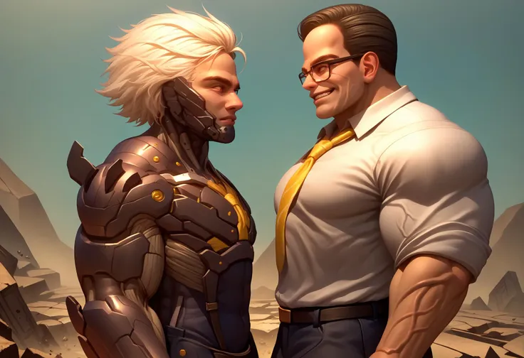 a close up of two men standing next to each other in a desert