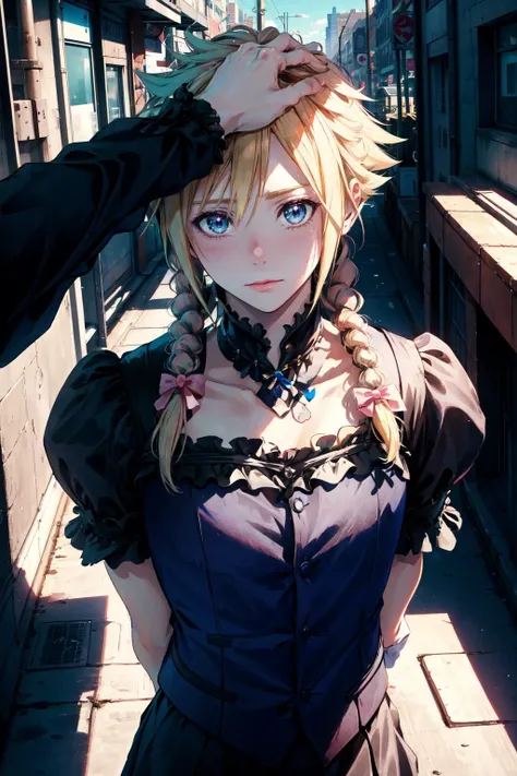 masterpiece:1.2, best quality, absurdres, Cloud Strife, crossdressing, twin braids, male focus, frilled dress, hair bow , <lora:HeadpatPOV:1.0>, HeadpatPOV,  pov,  headpat, futuristic city, gloomy, streets, view from above, centered, arms behind back, , bl...