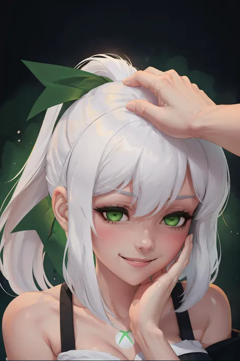 anime girl with white hair and green eyes holding her hand to her face