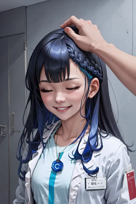 High Quality, Masterpiece, 1girl, <lora:gijinkaseries_civitai-18:0.85>, civitai-chan, braided bangs, labcoat, shirt, shirt tucked in, single vertical stripe, necklace, IncrsHeadpatPOV, headpat, pov, <lora:Pos_HeadpatPOV:1>, blush, smile, bright smile, ^_^,...