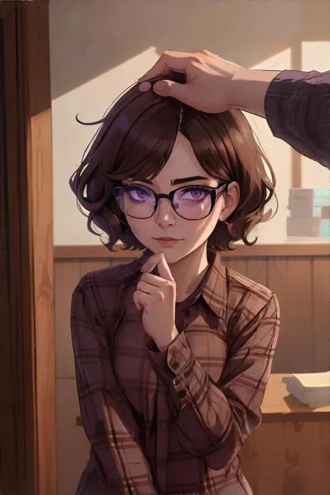 <lora:headpat-pov:1.0>, IncrsHeadpatPOV, headpat, pov, <lora:bzl:0.6>, bzl_test, brown curly bob haircut, glasses, (purple|plaid) flannel shirt, <clip:skip:2>, masterpiece, 8k, high resolution, shallow depth of field, sharp focus