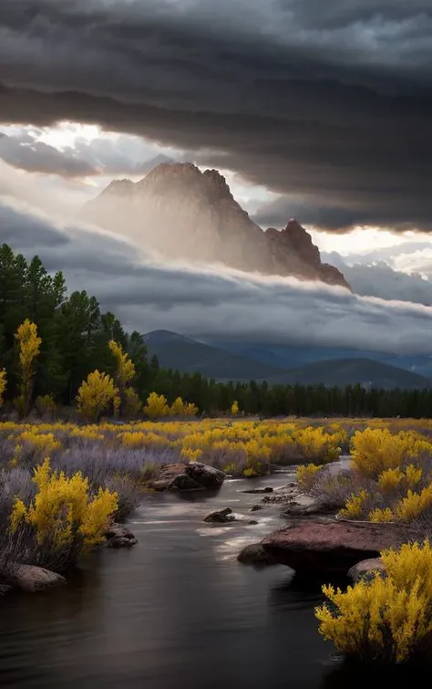 ground level photo within New Mexico Rocky Mountain Range, State Park, [perfect AM lighting conditions with lots of colors in the thunder clouds, sky, and surroundings] with a feeling of splendor and humility [morning after long hard rain with flowing wate...