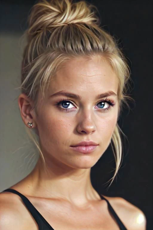 an eye contact of a blond with bun hair and dark theme