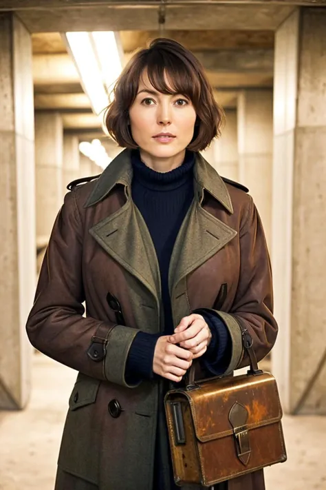 <lora:hanazawakana_lora-06:0.8>,a woman,1girl,facing viewer,,wearing greatcoat,holding briefcase,indoors,in bunker,bob cut,dyed brown hair,cowboy shot