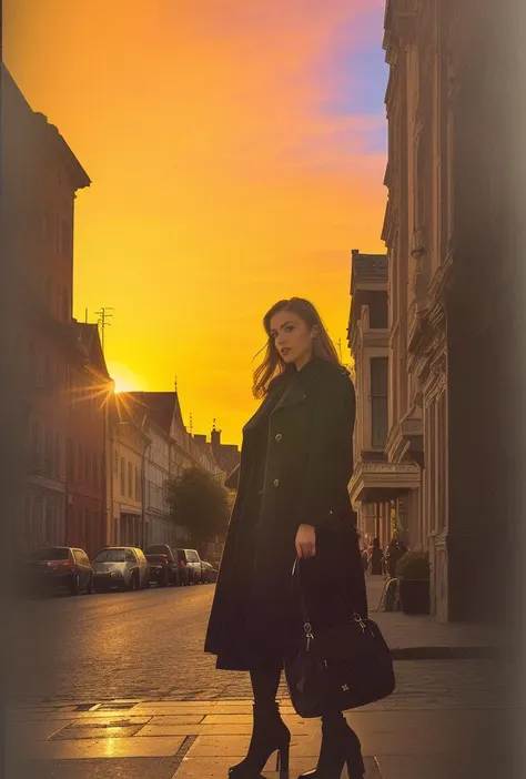 a woman in a black coat and black shoes is walking down the street