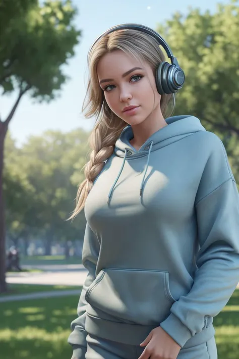 a photo of a hot S057_HannahPalmer, in a (park:1.2), wearing a (sweatshirt:1.1), headphones, (8k, RAW photo, best quality, ultra high res, depth of field:1.1), (absurdres, intricate, photorealistic, masterpiece, ultra-detailed, Unreal Engine:1.3)