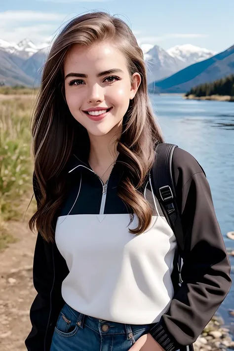 photo of (4l3xbotez:0.99), black hair, smiling, outdoors, mountains, wearing a backpack, sweater, and hiking jacket, rocks, river, wood, analog style (look at viewer:1.2) (skin texture), close up, cinematic light, sidelighting, Fujiflim XT3, DSLR, 50mm