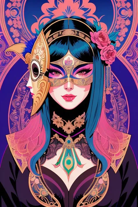 Centered detailed portrait of a masked woman wearing a venetian mask, vibrant peacock feathers, intricate, elegant, highly detailed, digital painting, artstation, smooth, sharp focus, illustration, illuminated lines, outrun, vaporware, intricate venetian p...