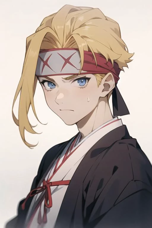 masterpiece, best quality, high quality, 1boy, solo, male focus, looking at viewer, upper body, <lora:tenza_yamada_asaemon:0.70>, tenza_yamada_asaemon, blonde hair, blue eyes, headband, , jacket