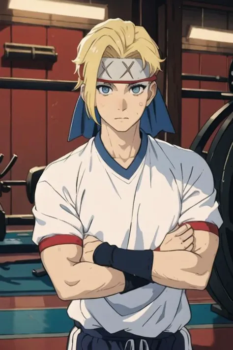 masterpiece, best quality, high quality, 1boy, solo, male focus, looking at viewer, upper body, <lora:tenza_yamada_asaemon:0.64>, tenza_yamada_asaemon, blonde hair, blue eyes, headband, , gym uniform