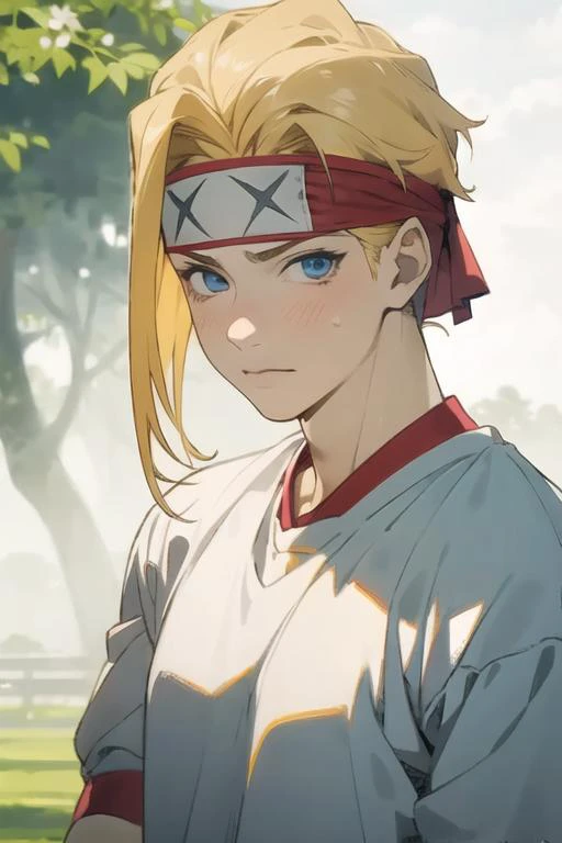 masterpiece, best quality, high quality, 1boy, solo, male focus, looking at viewer, upper body, <lora:tenza_yamada_asaemon:0.70>, tenza_yamada_asaemon, blonde hair, blue eyes, headband, realistic, gym uniform