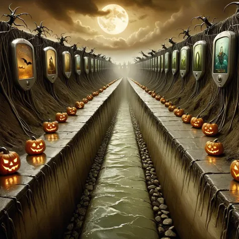 Surrealist art <lora:FF-Halloween-IT:1> Halloween theme, concept art, landscape of a (Belgium:1.2) and Trench, it is 1920S, Hurricane, by Pixar, (J.C. Leyendecker:0.9) , Ultra Real, Goblincore, F/1.8, Halloween style, hauntingly surreal <lora:Dalle3mixLoha...