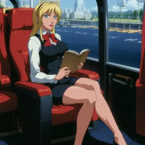 anime girl sitting on a train reading a book