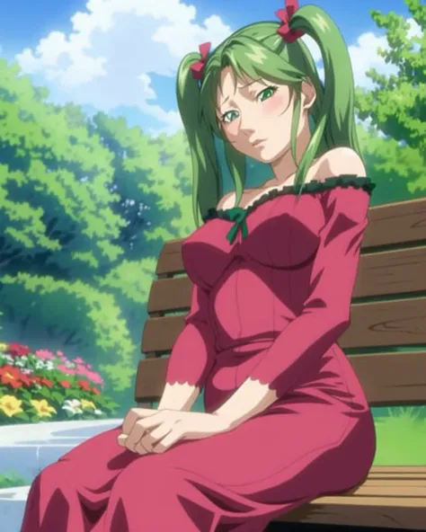 1girl, solo, garden, bench, sitting, red dress, blush, looking_away, large_breasts, green_hair, green_eyes, twintails, masterpie...