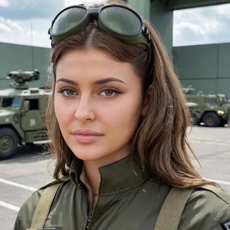 Hyperrealistic art close-up photo of kyl13 a woman, brown hair, wearing a military outfit, looking at viewer, at a military base,  <lora:Kylie_Jenner_SDXL_2019-2021:.9> . Extremely high-resolution details, photographic, realism pushed to extreme, fine text...