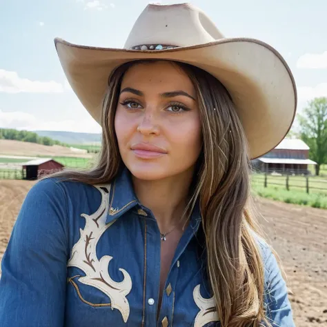 Hyperrealistic art close-up photo of kyl13 a woman, wearing a cowboy outfit, at a farm, looking directly at viewer, frontview,  <lora:Kylie_Jenner_SDXL_2019-2021:.9> . Extremely high-resolution details, photographic, realism pushed to extreme, fine texture...