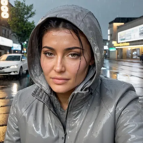 Hyperrealistic art close-up photo of kyl13 a woman, wearing a gray jacket, in the rain, on a street, nighttime, lights, looking at viewer,  <lora:Kylie_Jenner_SDXL_2019-2021:.9> . Extremely high-resolution details, photographic, realism pushed to extreme, ...