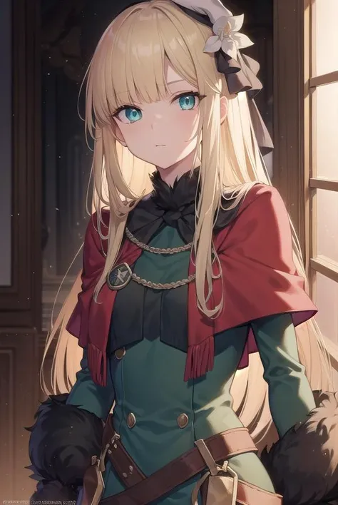 fgoreines, <lyco:reines-lyco-nochekaiser:1>,
reines, blonde hair, (green eyes:1.5), long hair, bangs, blunt bangs, (small breast:1.2),
BREAK beret, black headwear, black ribbon, blue dress, brown gloves, dress, flower, fur collar, fur trim, fur-trimmed sle...