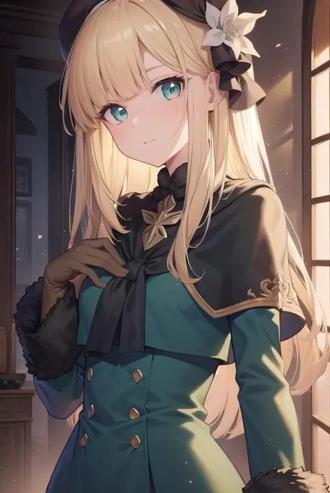 fgoreines, <lyco:reines-lyco-nochekaiser:1>,
reines, blonde hair, (green eyes:1.5), long hair, bangs, blunt bangs, (small breast:1.2),
BREAK beret, black headwear, black ribbon, blue dress, brown gloves, dress, flower, fur collar, fur trim, fur-trimmed sle...