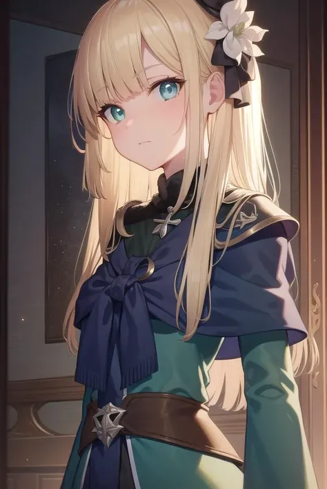 fgoreines, <lyco:reines-lyco-nochekaiser:1>,
reines, blonde hair, (green eyes:1.5), long hair, bangs, blunt bangs,
BREAK beret, black headwear, black ribbon, blue dress, brown gloves, dress, flower, fur collar, fur trim, fur-trimmed sleeves, gloves, hair f...