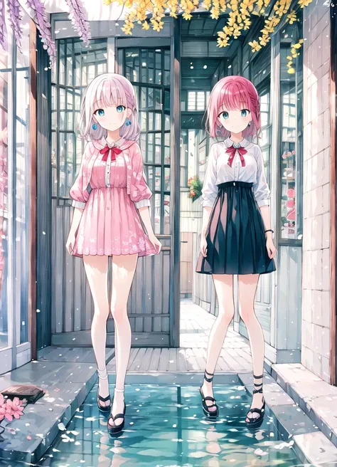 anime girls in school uniforms standing in front of a building