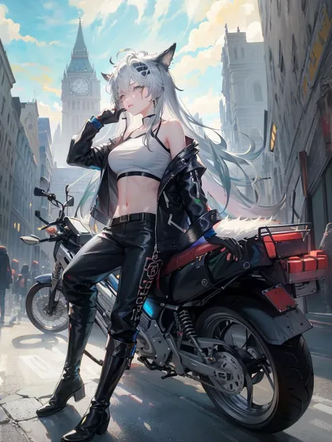 original_outfits,1girl,solo,ground_vehicle, motor_vehicle, motorcycle,pale-skinned_female, long_hair,boots, pants, navel, crop_top, on_motorcycle, jacket, logo,gloves, floating_hair,earrings, off_shoulder, open_jacket, midriff, black_footwear, multicolored...