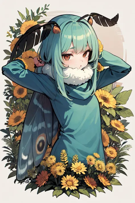 mothgirlcpt, moth antennae, moth wings, joints, solo, 1girl, pout, arm behind head, day, Eucalyptus_seeded (flower), floral background <lora:mothgirl_cpt_v01:1>