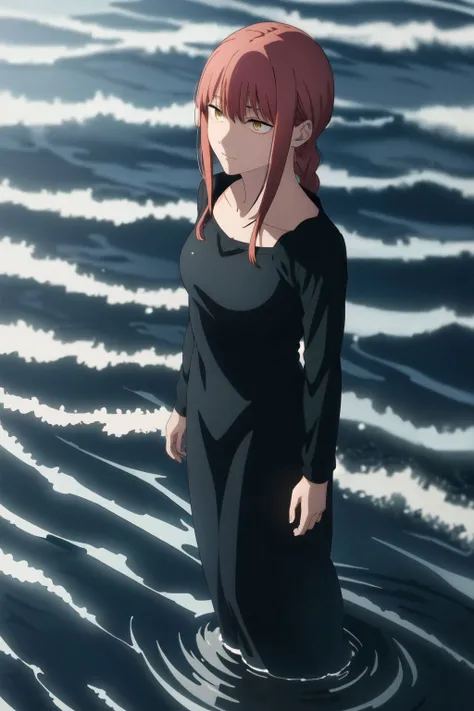 <lora:Makima:0.75> , <lora:MAPPA Style:0.6>, red hair, yellow eyes, (medium breasts:1.2),one braid, serene expression, standing, upper body, black dress, long dress, close-up,standing on water, sand, sea, full body, black long sleeves, (high resolution ill...