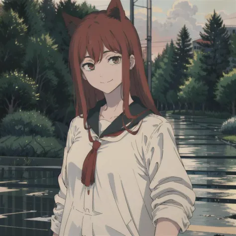 <lora:mappaLikeStyleChainsaw_v11Beta:0.6> ,1girl, black_hair, looking_at_viewer, long hair, red hair, smile, cat ears,school_uniform,serafuku, shirt,sunny, high quality,, road, trees, sky, rain, wet