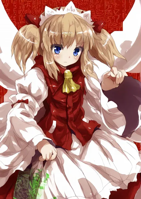 anime girl with a crown and a red dress sitting on a red chair