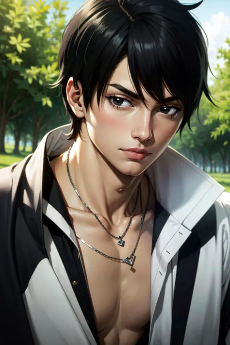 (masterpiece, best quality:1.3), solo, male focus, 1boy,  looking at viewer, upper body, zeref, black hair, black eyes, realistic <lora:zeref:0.70>,