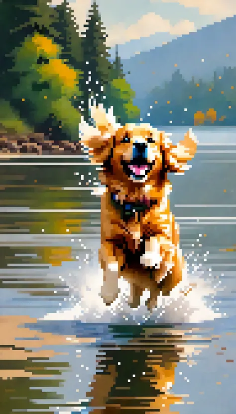 there is a dog that is running in the water