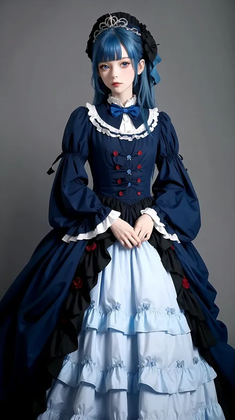 Blue hair, Red eyes, 1girl, masterpiece, best quality, Long messy hair, <lyco:victorian_dress:0.5>, victorian_dress