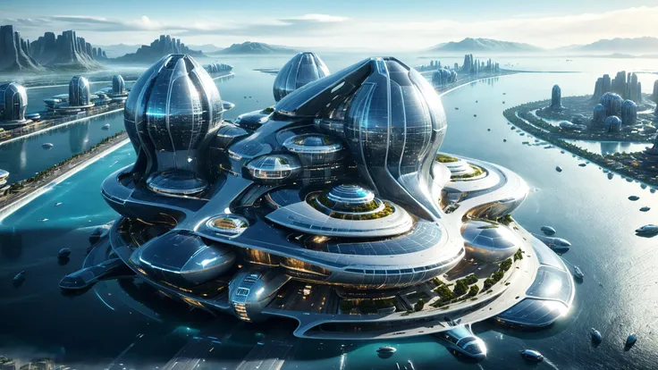 futuristic city with futuristic architecture and a river in the middle