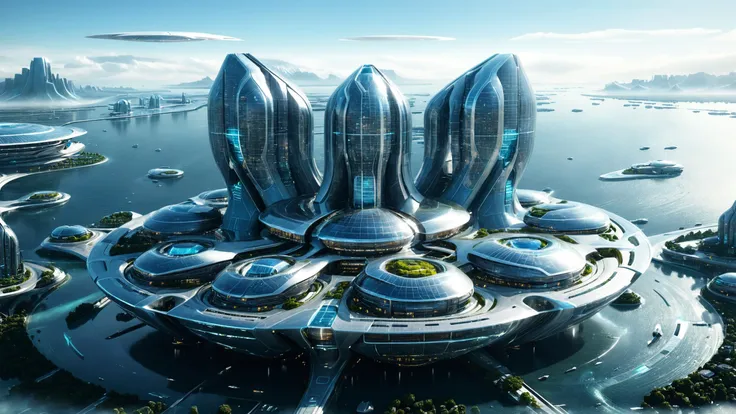 futuristic city with futuristic architecture in the middle of the ocean