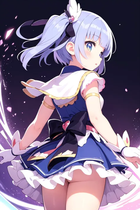 1girl,kawaii,(magical girl:1.2),ribbon,skirt,short hair,hair ornament,hair ribbon,x hair ornament,from behind,