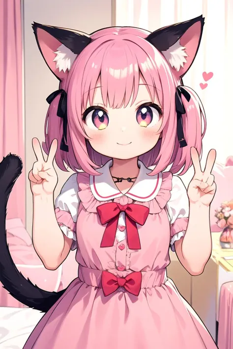 anime girl with pink hair and cat ears posing for a picture