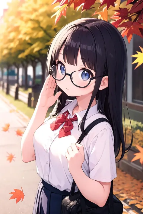 anime girl with glasses and a backpack standing in front of a tree